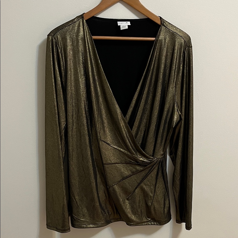 Jaclyn Smith Top Blouse Faux Wrap Woman’s XXL Deep V Neck Shiny Gold Long Sleeve